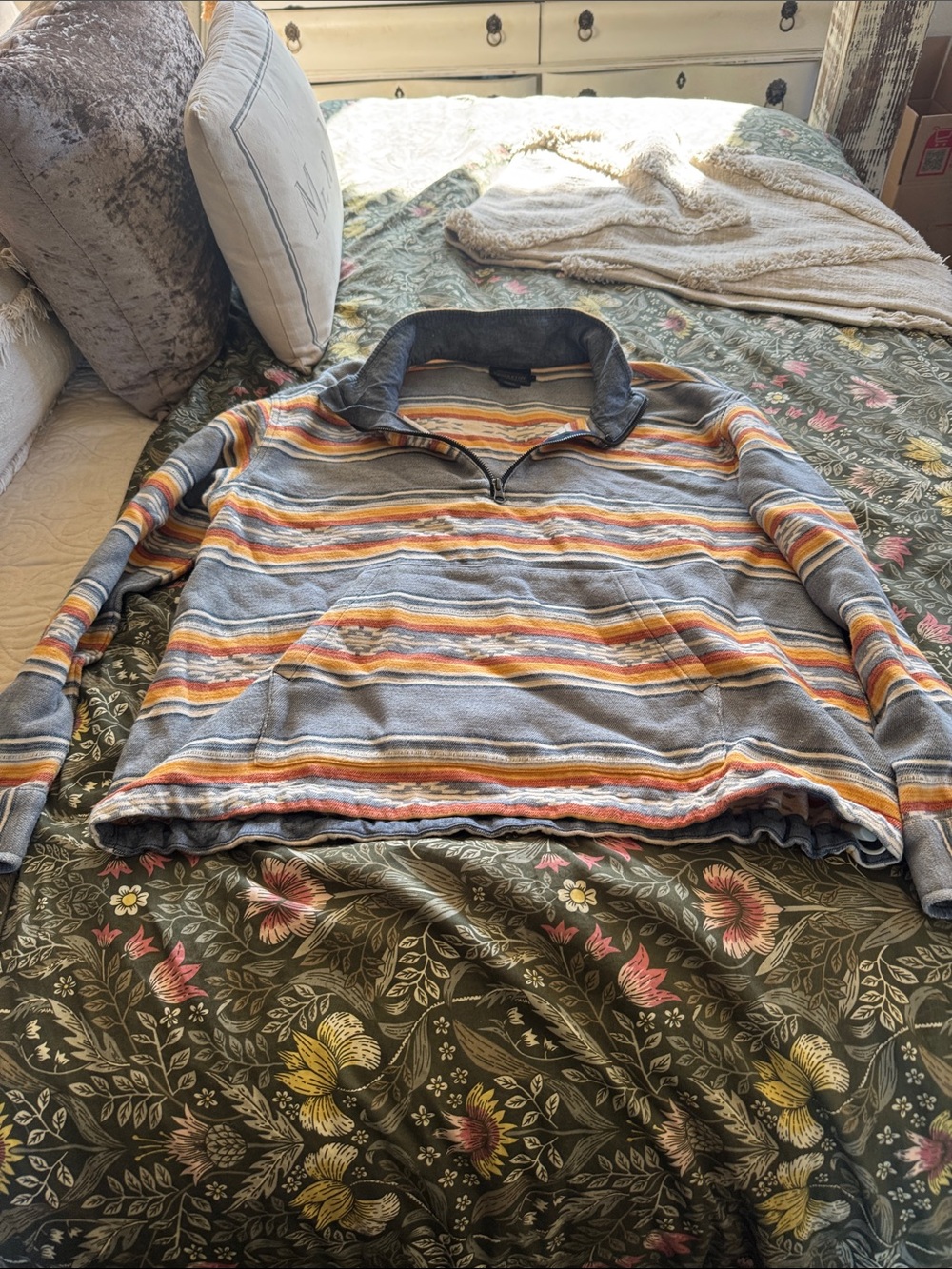 Pendleton Zip-Up Sweater in Gray with Orange and Yellow Stripes